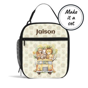 Sac à lunch isotherme avec nom personnalisé pour enfants avec animaux du bus scolaire, boîte à lunch personnalisée avec glacière, cadeau d'anniversaire fourre-tout pour collations pour bébés et tout-petits
