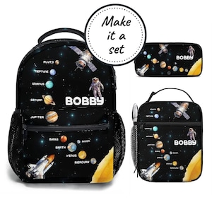 Personalized Backpack, Lunch Bag & Pencil Case Set, Kids Solar System School Bookbag and Lunch Box, Best Boys Custom Kindergarten Rucksack