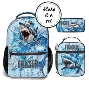Mochila personalizada, bolsa para el almuerzo y estuche para lápices, mochila escolar y lonchera para niños con diseño de tiburón blanco, la mejor mochila personalizada para jardín de infantes