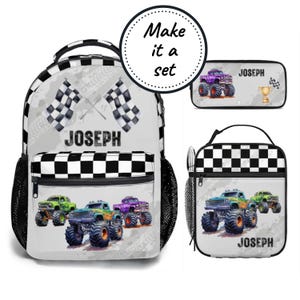 Gepersonaliseerde rugzak, lunchtas en etuiset, Monster Truck-schoolboekentas en lunchbox voor kinderen, op maat gemaakte kleuterschoolrugzak Best Boys