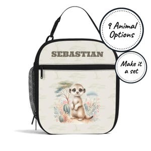 Sac à lunch isotherme avec nom personnalisé pour enfants avec animaux de safari, boîte à lunch isotherme personnalisée, cadeau d'anniversaire fourre-tout pour collations pour bébés et tout-petits