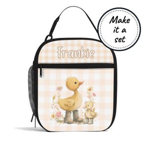 Sac à lunch isotherme avec nom personnalisé pour enfant avec joli caneton, boîte à lunch refroidisseur de nourriture personnalisée, fourre-tout à collation pour bébés et tout-petits, cadeau d'anniversaire pour garçon