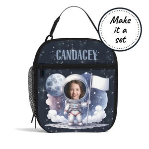 Sac à lunch isotherme personnalisé avec nom et visage pour enfants avec astronaute, boîte à lunch refroidisseur d'aliments personnalisée, cadeau d'anniversaire fourre-tout pour collations pour bébés et tout-petits