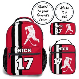 Conjunto de mochila, lonchera y estuche personalizados, mochila escolar de hockey sobre hielo para niños y lonchera térmica, la mejor mochila personalizada para equipos deportivos.