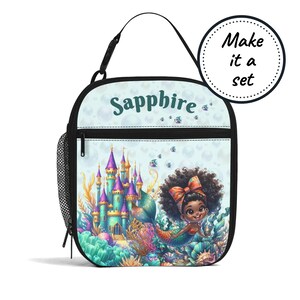 Sac à lunch isotherme avec nom personnalisé pour enfants avec sirène noire, boîte à lunch refroidisseur de nourriture personnalisée, fourre-tout à collation pour bébés et tout-petits, cadeau d'anniversaire pour fille
