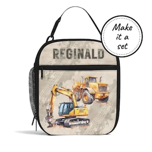 Sac à lunch isotherme avec nom personnalisé pour enfant avec véhicule de construction, boîte à lunch personnalisée avec glacière, fourre-tout à collation pour tout-petit, cadeau d'anniversaire pour garçon