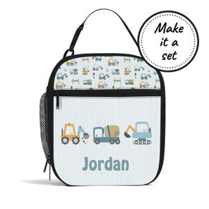 Sac à lunch isotherme avec nom personnalisé pour enfants avec véhicules de construction, boîte à lunch personnalisée avec glacière, cadeau d'anniversaire pour petit garçon