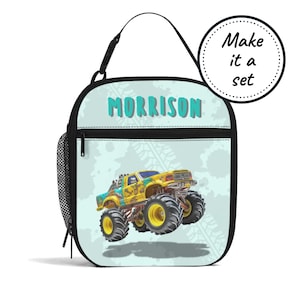 Sac à lunch isotherme avec nom personnalisé pour enfants avec camion monstre, boîte à lunch refroidisseur de nourriture personnalisée, fourre-tout à collation pour bébés et tout-petits, cadeau d'anniversaire pour garçon