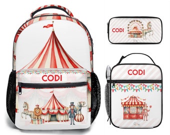 Zaino per bambini, portapranzo astuccio set da 3 pezzi rosso e bianco tema circo vintage regalo personalizzato zaino per la scuola borsa a tracolla borsa per il pranzo