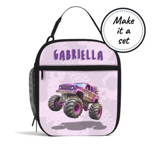 Sac à lunch isotherme avec nom personnalisé pour enfants avec camion monstre, boîte à lunch refroidisseur de nourriture personnalisée, fourre-tout à collation pour bébés et tout-petits, cadeau d'anniversaire pour fille
