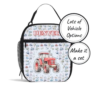 Sac à lunch isotherme avec nom personnalisé pour enfants avec véhicules rétro, boîte à lunch isotherme personnalisée, cadeau d'anniversaire fourre-tout pour collations pour bébés et tout-petits