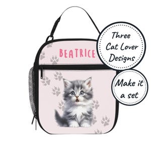 Sac à lunch isotherme avec nom personnalisé pour enfants avec motif chaton, boîte à lunch refroidisseur de nourriture personnalisée, fourre-tout à collation pour bébés et tout-petits, cadeau d'anniversaire pour fille
