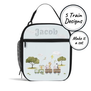 Sac à lunch isotherme avec nom personnalisé pour enfants avec train d'animaux, boîte à lunch refroidisseur de nourriture personnalisée, fourre-tout à collation pour bébés et tout-petits, cadeau d'anniversaire pour garçon