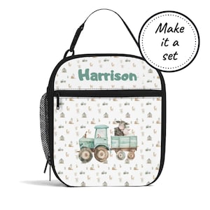 Sac à lunch isotherme avec nom personnalisé pour enfants avec tracteur de ferme, boîte à lunch refroidisseur de nourriture personnalisée, fourre-tout à collation pour bébés et tout-petits, cadeau d'anniversaire pour garçon