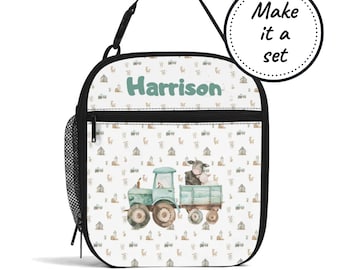 Custom Name Insulated Lunch Bag for Kids with Farm Tractor, Personalized Food Cooler Lunchbox, Baby & Toddler Snack Tote, Boy Birthday Gift