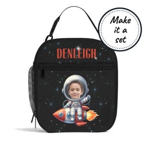 Sac à lunch isotherme personnalisé avec nom et visage pour enfants avec astronaute, boîte à lunch refroidisseur d'aliments personnalisée, cadeau d'anniversaire fourre-tout pour collations pour bébés et tout-petits