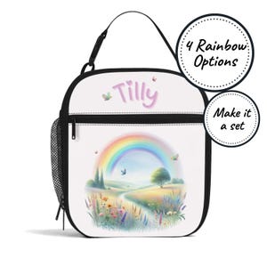 Sac à lunch isotherme personnalisé pour enfants avec arc-en-ciel et fleurs, boîte à lunch personnalisée avec glacière, fourre-tout à collation pour bébé et tout-petit, cadeau d'anniversaire