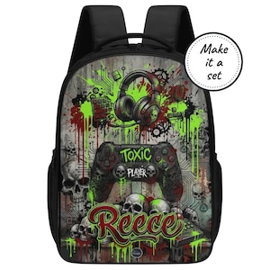 Personalised Video Gaming Backpack with Custom Name, Kids Skull Gamer School Bag, Toddler Canvas Rucksack, Boys Kindergarten Book Bag Gift