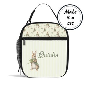 Sac à lunch isotherme avec nom personnalisé pour enfants avec lapins, boîte à lunch refroidisseur de nourriture personnalisée, fourre-tout à collation pour bébés et tout-petits, cadeau d'anniversaire