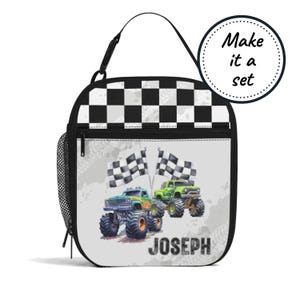 Sac à lunch isotherme avec nom personnalisé pour enfants avec camion monstre, boîte à lunch refroidisseur de nourriture personnalisée, fourre-tout à collation pour bébés et tout-petits, cadeau d'anniversaire pour garçon