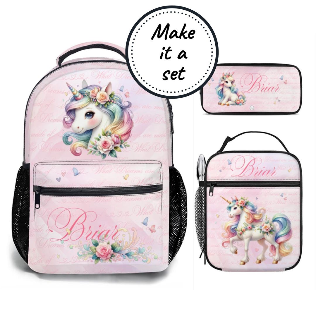Kids Backpack Lunch Bag Pencil Case 3pc Set | Pink Rainbow Unicorn Book ...