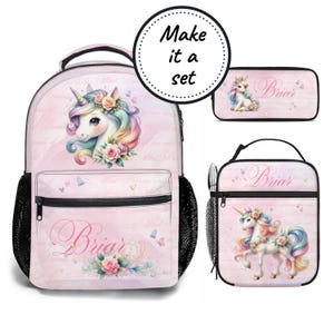 Mochila para niños, bolsa para el almuerzo, estuche para lápices, juego de 3 piezas, bolsa para libros con unicornio arcoíris rosa, regalo personalizado para niñas, mochila escolar, bolso de mano, lonchera