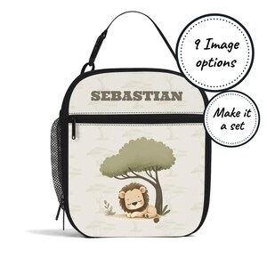 Sac à lunch isotherme avec nom personnalisé pour enfants avec animaux de safari, boîte à lunch isotherme personnalisée, cadeau d'anniversaire fourre-tout pour collations pour bébés et tout-petits