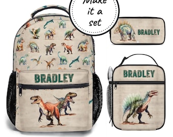Personalized Backpack, Lunch Bag & Pencil Case Set, Kids Trex Dinosaur School Bookbag and Lunch Box, Best Boys Custom Kindergarten Rucksack
