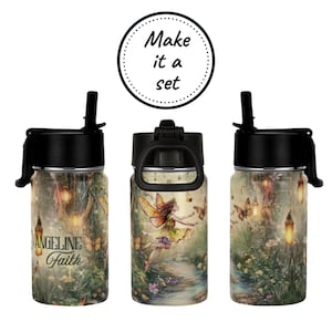 May include: Three stainless steel water bottles with a fairy and butterfly design. The bottles have a black lid with a carrying handle and a straw. The middle bottle has the text "ANGELINE Faith" on it.