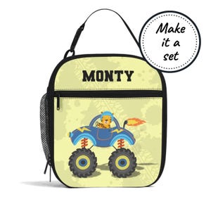 Sac à lunch isotherme avec nom personnalisé pour enfants avec camions monstres, boîte à lunch isotherme personnalisée, cadeau d'anniversaire fourre-tout pour collations pour bébés et tout-petits