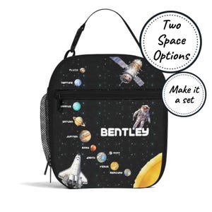 Sac à lunch isotherme avec nom personnalisé pour enfants avec design spatial, boîte à lunch personnalisée avec glacière, fourre-tout à collation pour bébés et tout-petits, cadeau d'anniversaire pour garçon