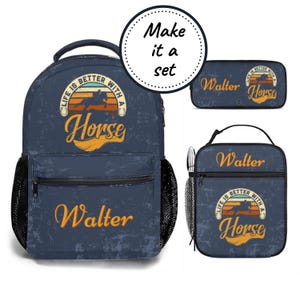 Sac à dos personnalisé, ensemble sac à lunch et trousse, cartable et boîte à lunch pour école d'équitation pour enfants, sac à dos personnalisé pour maternelle pour garçons