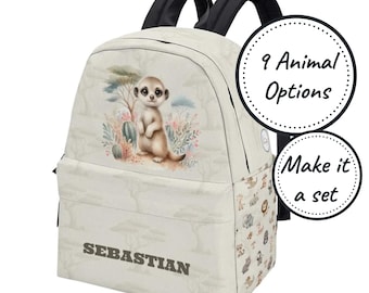 Personalized Toddler Backpack with Custom Name, Kids Safari Animal School Bag, Cute Canvas Rucksack, Boys Kindergarten Satchel Birthday Gift