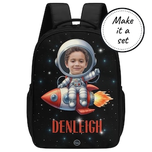 Sac à dos d'astronaute personnalisé avec nom et visage personnalisés, cartable sur l'espace pour enfants, sac à dos en toile pour tout-petits, cartable pour garçons