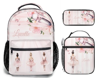 Zaino per bambini, portapranzo, astuccio Set da 3 pezzi Ballerine rosa danzanti Tema Regalo personalizzato Zaino scolastico Borsa a tracolla Borsa per il pranzo