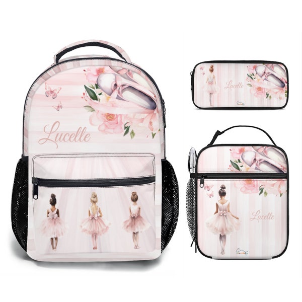 Kids Backpack, Lunch Box, Pencil Case 3pc Set Dancing Pink Ballerinas Theme Personalized Gift School Rucksack Satchel Tote Bag Lunchbag