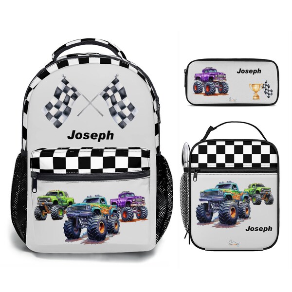 Kids Backpack, Lunch Box Pencil Case 3pc Set Racing Monster Trucks Vehicle Theme Personalized Gift School Rucksack Satchel Tote Bag Lunchbag