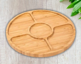 Bandeja para servir de madera redonda hecha a mano, plato seccional, plato de madera para queso, nueces y aperitivos con 5 secciones, bandeja de fruta de bambú