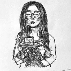 May include: A black and white line drawing of a person wearing glasses and blowing out candles on a cake that says "Happy Birthday".