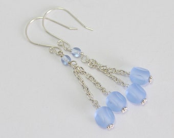 Sky Blue Sterling Silver Pierced Dangle Czech Glass Earrings