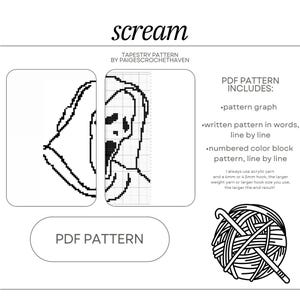 Puede incluir: Patrón de crochet en blanco y negro para un tapiz del personaje de Ghostface de la película Scream. El patrón incluye un gráfico, instrucciones escritas y un patrón de bloque de color numerado. El patrón está disponible para descargar en PDF.
