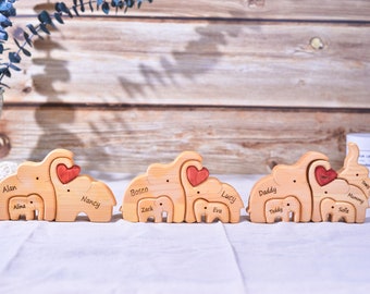 Hand Carved Wooden Elephant Family Puzzle｜Family Keepsake Gift｜Birthday Gift｜Personalized Mothers Day Gift｜Handmade Wood Animal Name Puzzle