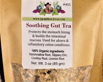 SOOTHING GUT TEA -  Proven effective organic tea blend by master herbalist Khabir  - relief from stomach pain, colon pain, sore throat