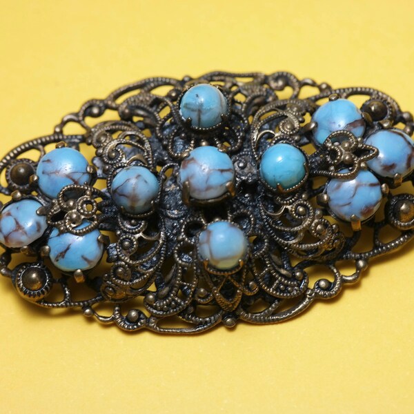 Vintage/ estate 1940s Czech style, brass filigree and turquoise glass, costume brooch/ pin - jewelry jewellery