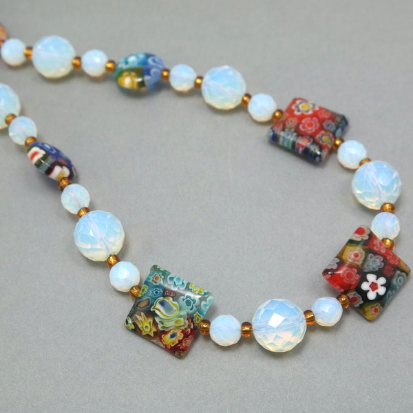 Vintage 1990s opalescent glass and millefiori glass bead necklace