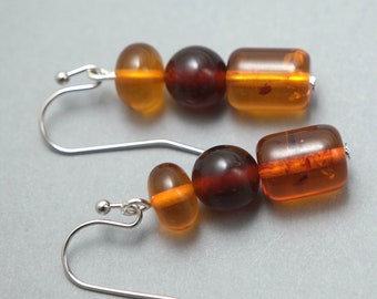 Handmade silver plated and cognac and honey Baltic amber, drop earrings