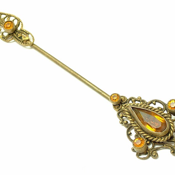 Vintage/ estate 1930s Art Deco/ Austro hungarian style, brass and paste/ glass, costume cloak pin/ hat pin