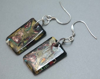 Vintage 1990s sterling silver 925 and foiled fused glass drop earrings