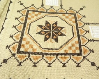 68 x 52 inches needle point  cross stitch table cloth Vintage  antique 1930s Art Deco beige linen brown white 172cm x 132cm