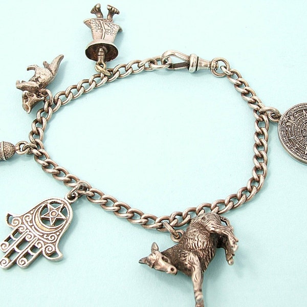 Vintage/ estate Victorian sterling silver watch chain/ bracelet with Mexican charms - donkey, fox